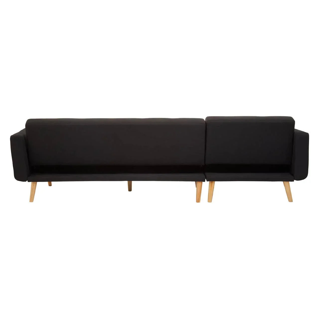 Black fabric sofa with wooden legs, corner angle view, modern seating furniture