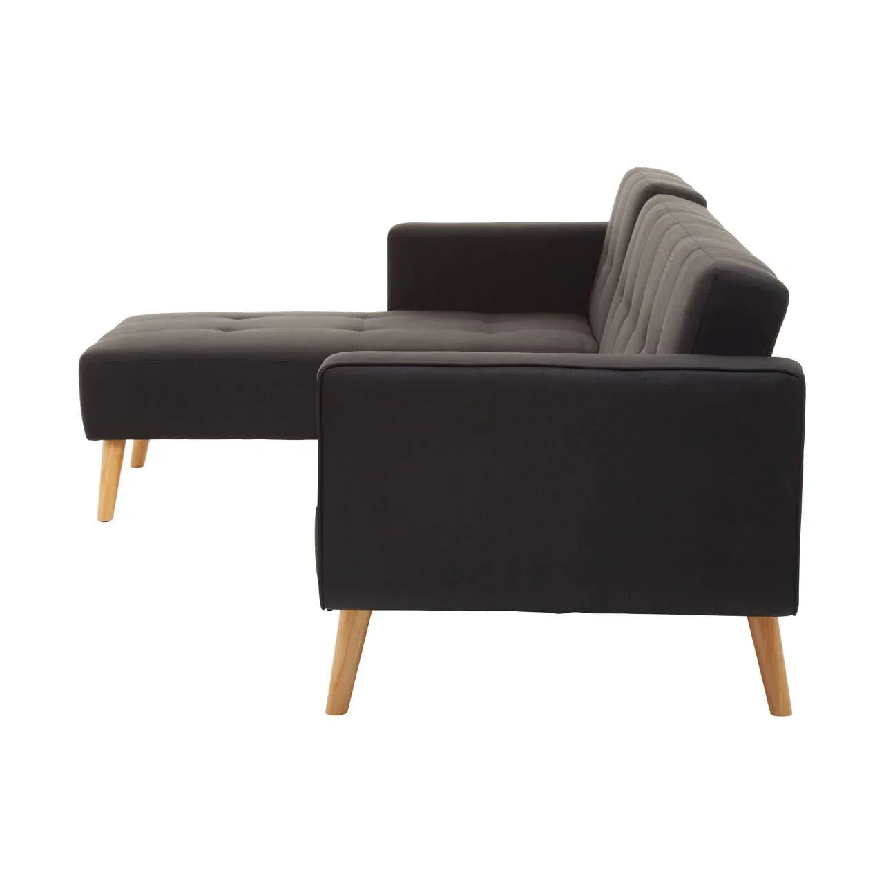 Black fabric corner sofa with tufted seat and angled wooden legs, side profile view