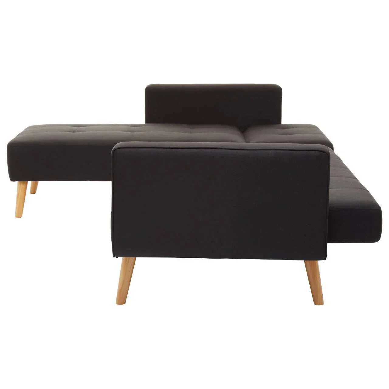 Black fabric corner sofa bed with wooden legs in extended sleeping position