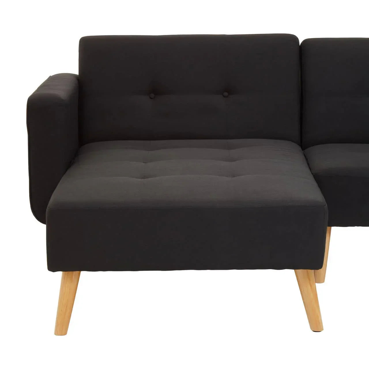 Black fabric corner sofa with wooden legs and tufted seat cushion, left-sided view