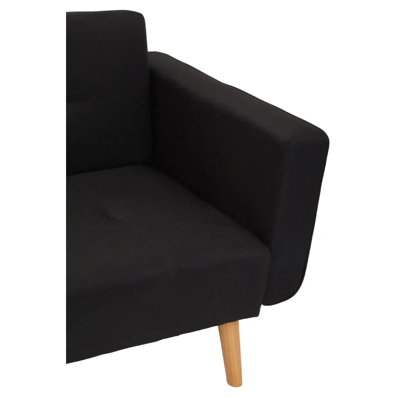 Black fabric sofa corner with cushioned seat and wooden leg