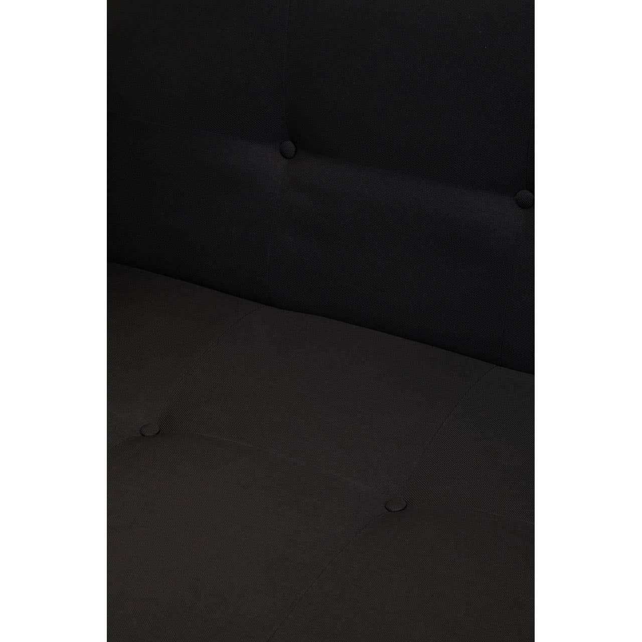 Black fabric sofa close-up with button-tufted upholstery detail