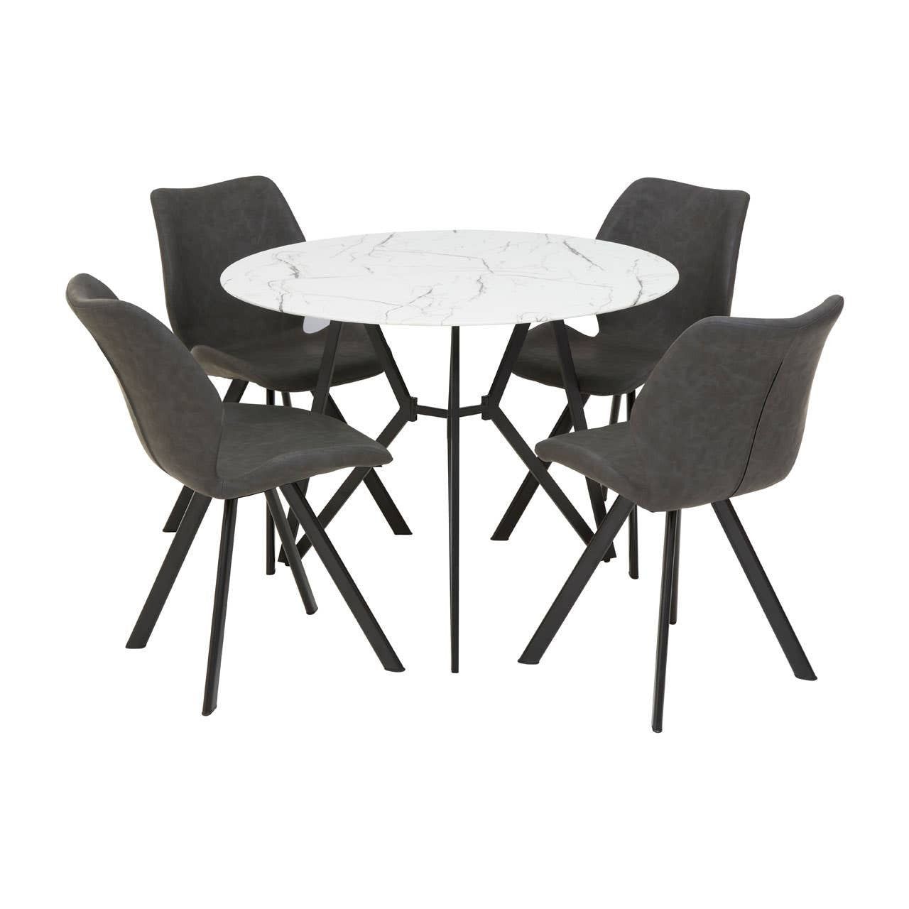 Round dining table with a white marble effect top and a sleek black base, surrounded by six modern chairs in a dark gray color with tapered black legs. The set is arranged in a circular formation, showcasing a contemporary design suitable for dining spaces