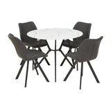 Round dining table with a white marble effect top and a sleek black base, surrounded by six modern chairs in a dark gray color with tapered black legs. The set is arranged in a circular formation, showcasing a contemporary design suitable for dining spaces