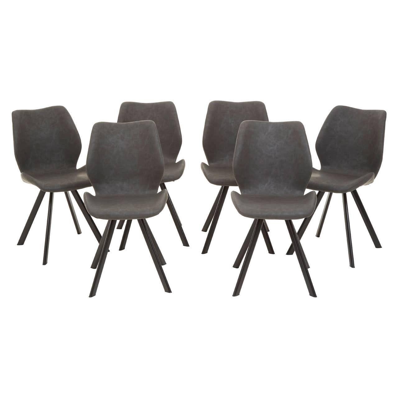 Round dining table with a marble effect top, surrounded by six modern chairs featuring a sleek design and dark wooden legs. The chairs have a contoured shape and are upholstered in a neutral fabric, creating a stylish and contemporary dining set
