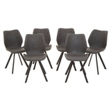 Round dining table with a marble effect top, surrounded by six modern chairs featuring a sleek design and dark wooden legs. The chairs have a contoured shape and are upholstered in a neutral fabric, creating a stylish and contemporary dining set