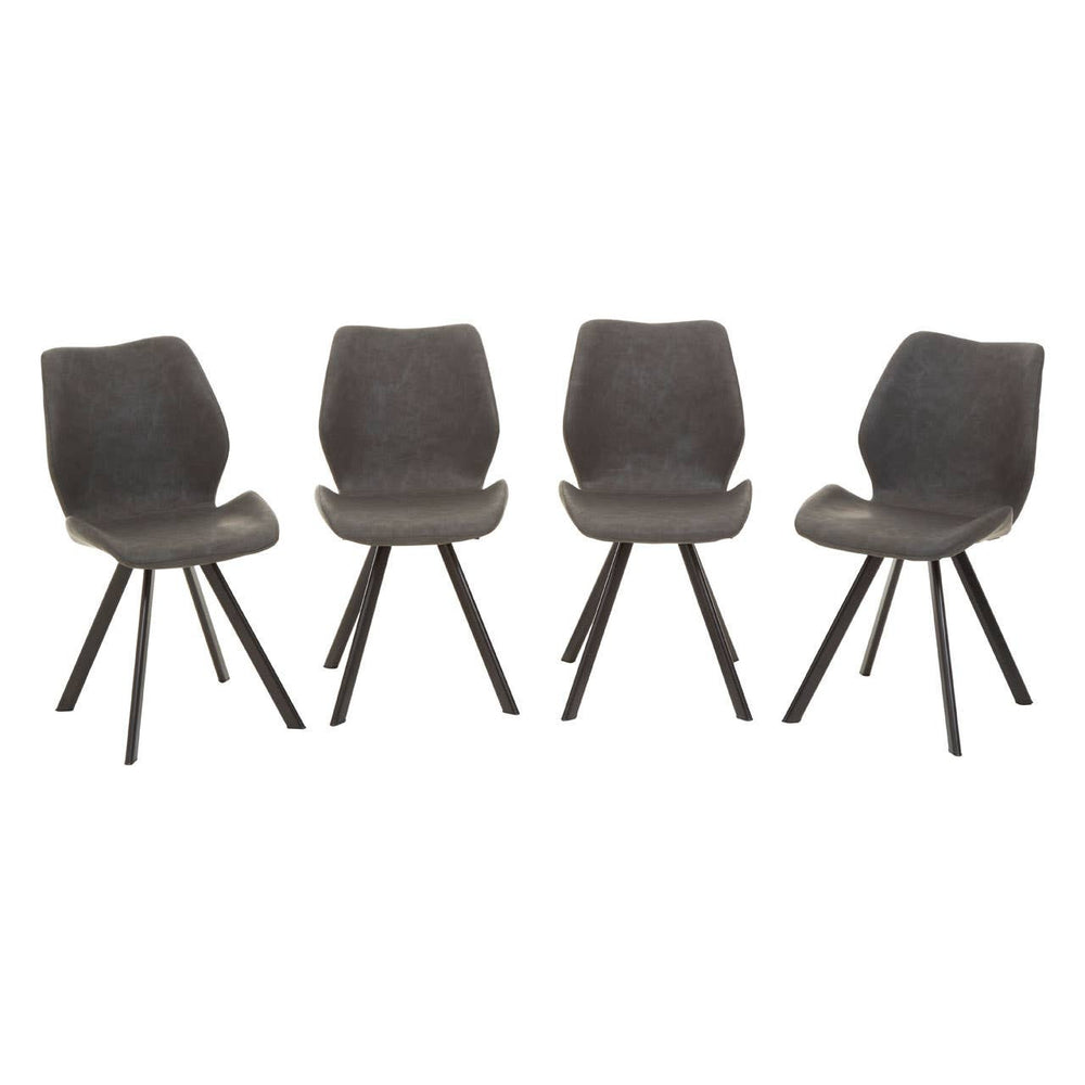 Round dining table with a marble effect top, surrounded by six modern chairs featuring a curved backrest and wooden legs, all set against a neutral background
