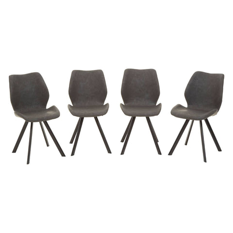 Round dining table with a marble effect top, surrounded by six modern chairs featuring a curved backrest and wooden legs, all set against a neutral background