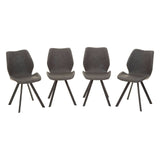 Round dining table with a marble effect top, surrounded by six modern chairs featuring a curved backrest and wooden legs, all set against a neutral background