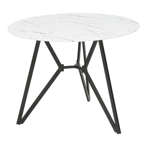 Round dining table with a white marble effect top and a black metal base featuring angular legs, accompanied by six matching chairs with a sleek design