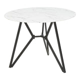 Round dining table with a white marble effect top and a black metal base featuring angular legs, accompanied by six matching chairs with a sleek design