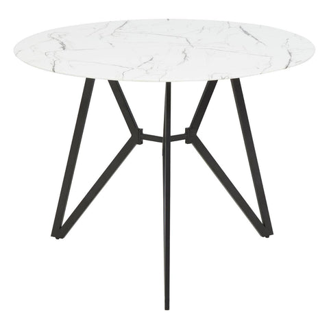 Round dining table featuring a white marble effect top with subtle gray veining, supported by a sleek black metal base with a modern geometric design. The set includes six matching chairs, each with a minimalist style that complements the table