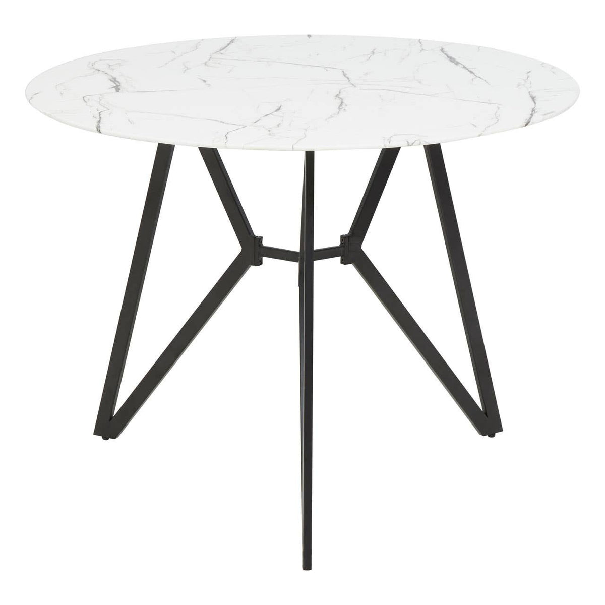 Round dining table featuring a white marble effect top with subtle gray veining, supported by a sleek black metal base with a modern geometric design. The set includes six matching chairs, each with a minimalist style that complements the table