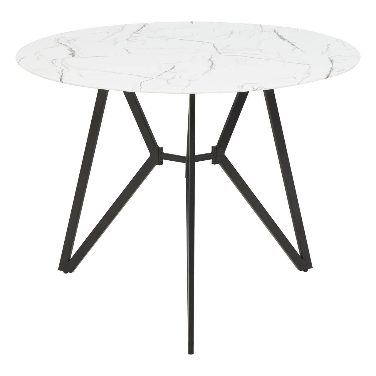 Round dining table featuring a white marble effect top with subtle gray veining, supported by a sleek black metal base with a modern geometric design. The set includes six matching chairs, each with a minimalist style that complements the table