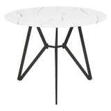 Round dining table featuring a white marble effect top with subtle gray veining, supported by a sleek black metal base with a modern geometric design. The set includes six matching chairs, each with a minimalist style that complements the table