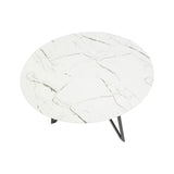 Round dining table with a white marble effect top featuring subtle gray veining, supported by sleek black metal legs. The set includes six matching chairs with a modern design, each featuring a cushioned seat and backrest for comfort