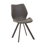 Round dining table with a marble effect top, surrounded by six stylish chairs featuring a modern design with a textured seat and slender black legs. The overall color scheme is neutral, creating a contemporary and elegant dining setup