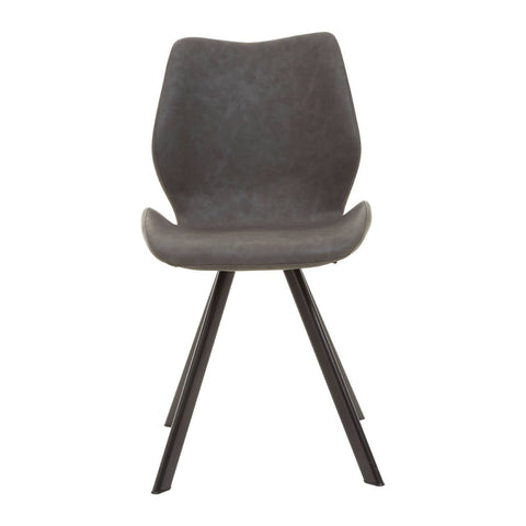 Round dining table with a marble effect top, surrounded by six modern chairs featuring a gray upholstered seat and wooden legs. The table and chairs are arranged in a bright, airy setting, highlighting their contemporary design
