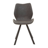 Round dining table with a marble effect top, surrounded by six modern chairs featuring a gray upholstered seat and wooden legs. The table and chairs are arranged in a bright, airy setting, highlighting their contemporary design