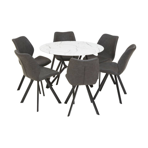 Round dining table with a white marble effect top surrounded by six gray upholstered chairs, each with black metal legs, arranged in a circular formation