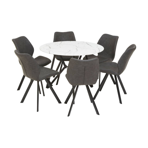 Round dining table with a white marble effect top surrounded by six gray upholstered chairs, each with black metal legs, arranged in a circular formation