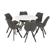 Round dining table with a white marble effect top surrounded by six gray upholstered chairs, each with black metal legs, arranged in a circular formation
