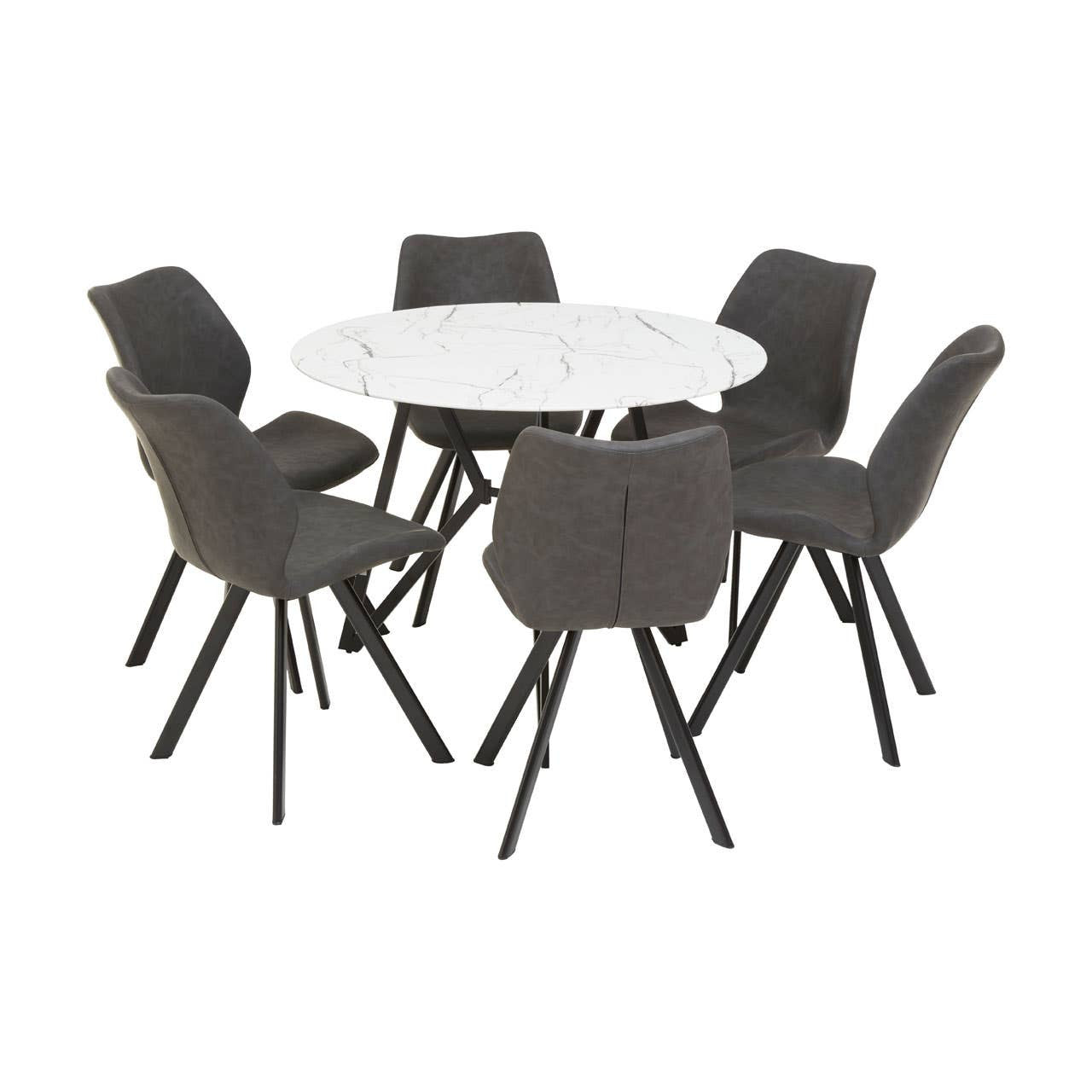 Round dining table with a white marble effect top surrounded by six gray upholstered chairs, each with black metal legs, arranged in a circular formation