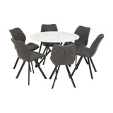 Round dining table with a white marble effect top surrounded by six gray upholstered chairs, each with black metal legs, arranged in a circular formation