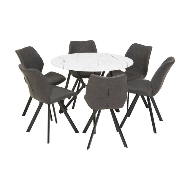 Round dining table with a white marble effect top surrounded by six gray upholstered chairs, each with black metal legs, arranged in a circular formation