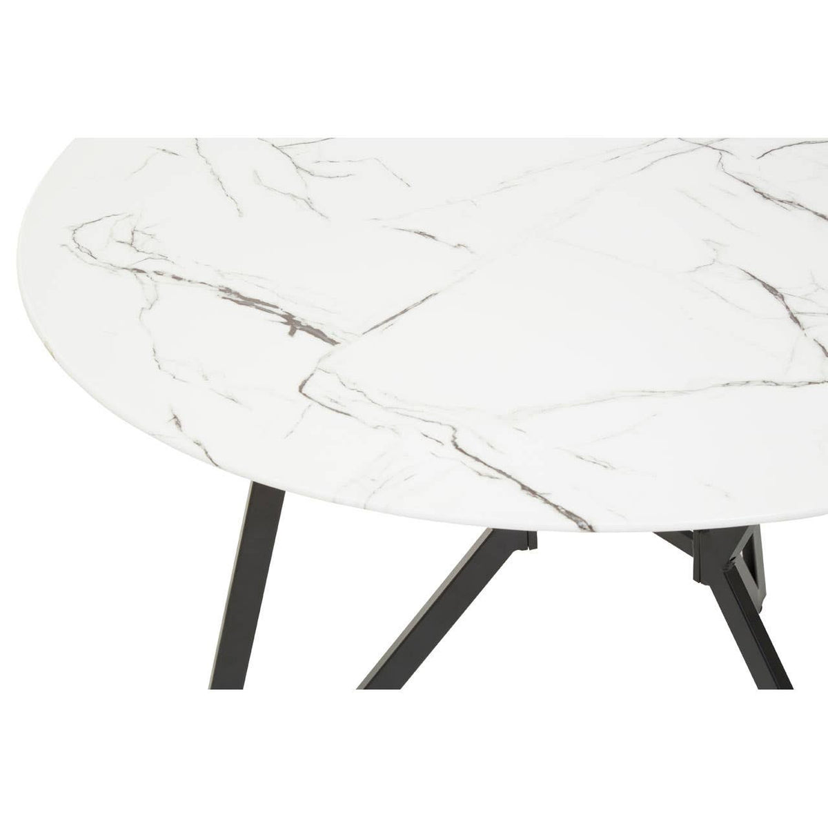 Round dining table featuring a white marble effect surface with subtle gray veining, supported by sleek black legs. The set includes six matching chairs with a modern design, complementing the table's aesthetic