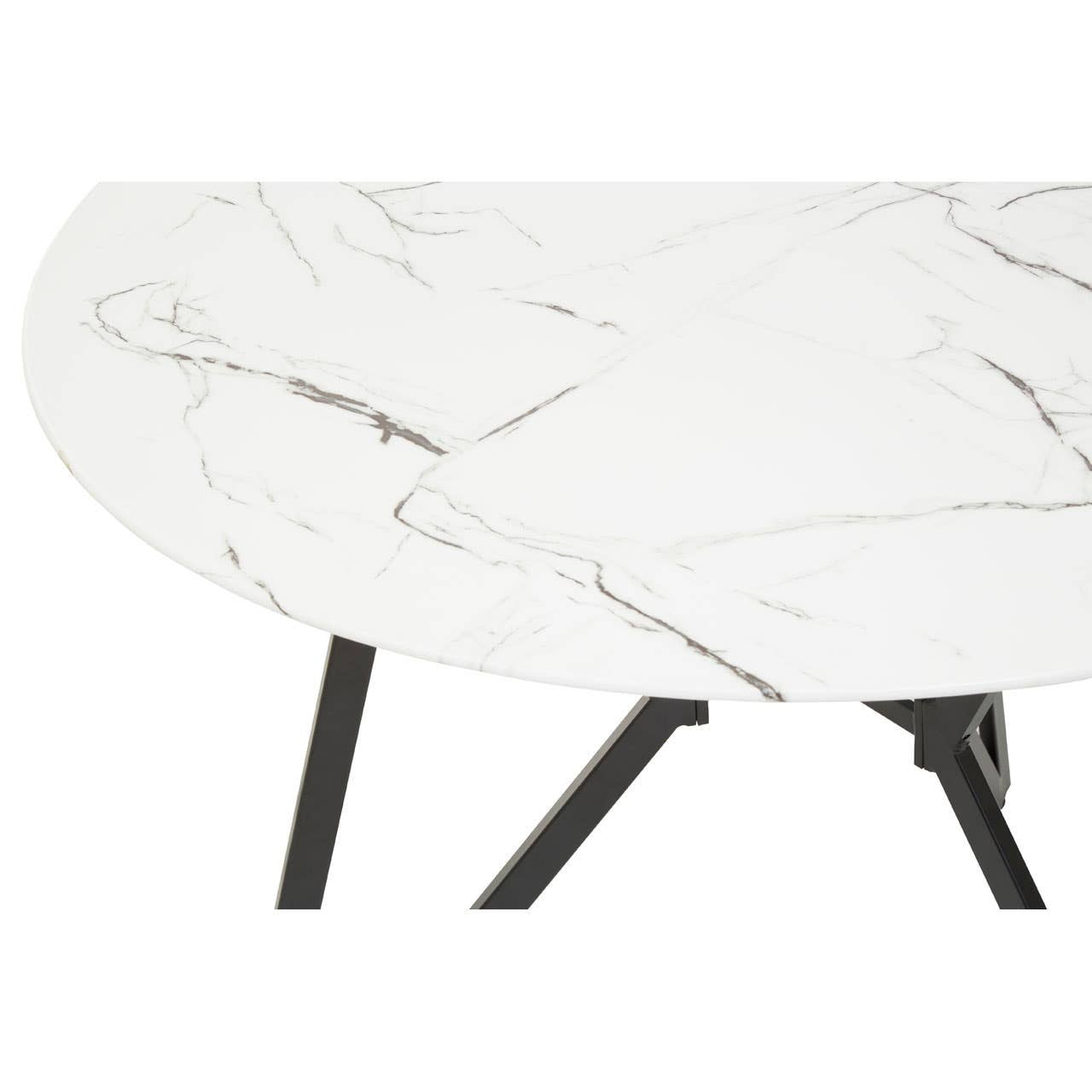 Round dining table featuring a white marble effect surface with subtle gray veining, supported by sleek black legs. The set includes six matching chairs with a modern design, complementing the table's aesthetic