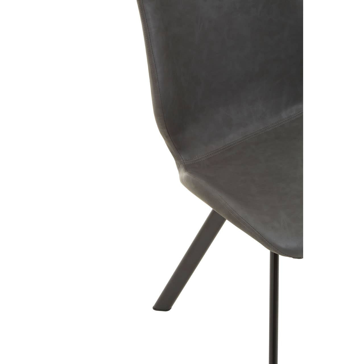 Close-up view of a dark gray chair with a sleek, modern design, featuring a curved backrest and a black metal leg. The chair is part of a dining set that includes a round table with a marble effect surface and five additional matching chairs