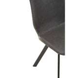 Close-up view of a dark gray chair with a sleek, modern design, featuring a curved backrest and a black metal leg. The chair is part of a dining set that includes a round table with a marble effect surface and five additional matching chairs