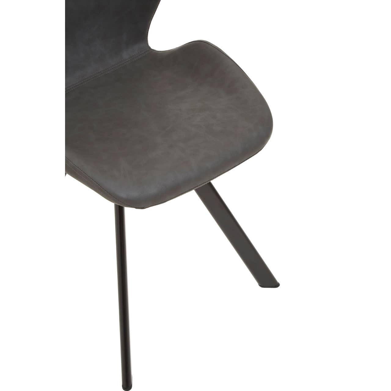 Close-up view of a dark, modern dining chair with a curved seat and slender black metal legs, showcasing its sleek design and texture
