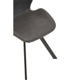 Close-up view of a dark, modern dining chair with a curved seat and slender black metal legs, showcasing its sleek design and texture