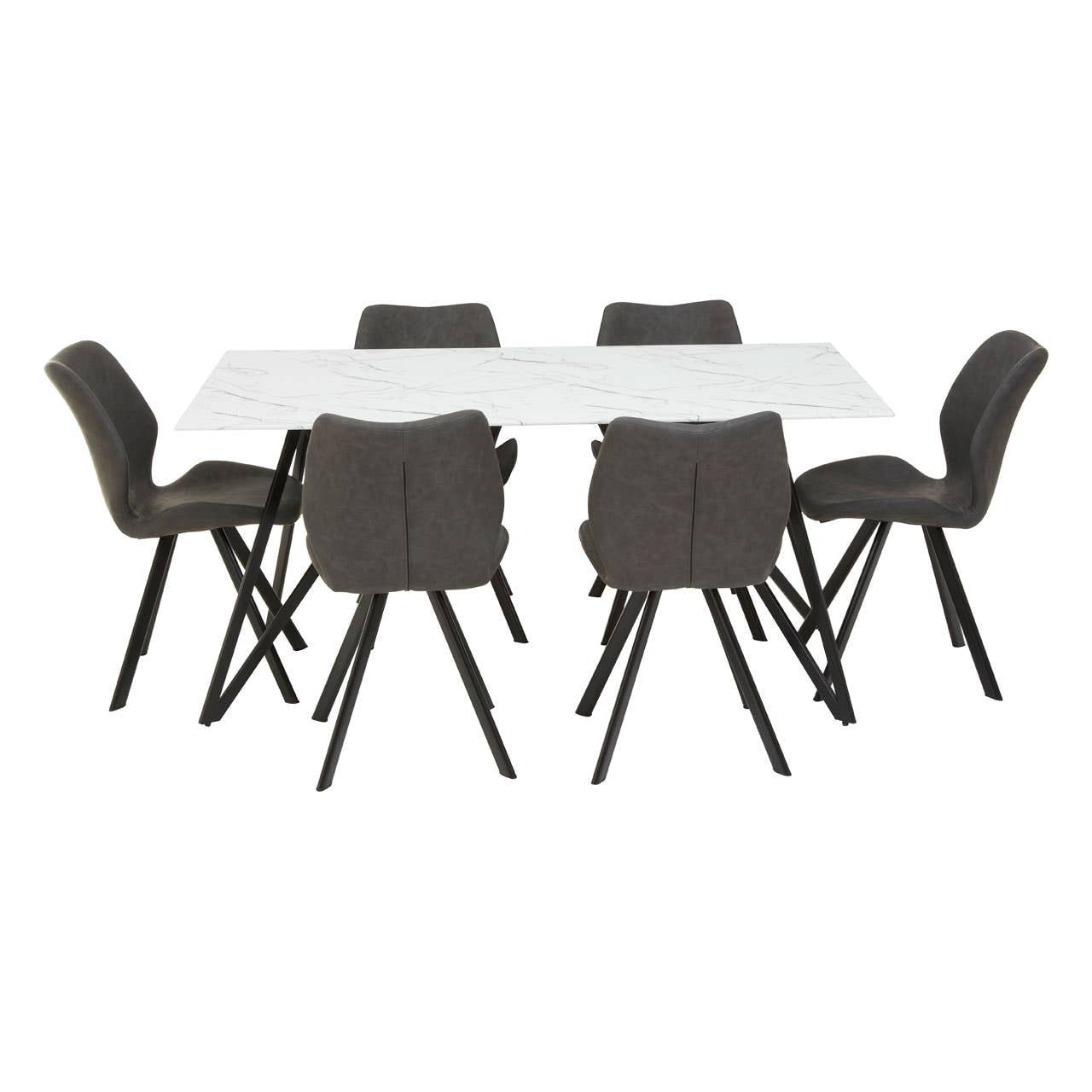 A rectangular dining table with a white marble effect surface is surrounded by six upholstered chairs in a dark gray fabric. The chairs feature a modern design with curved backs and are supported by black wooden legs. The overall arrangement showcases a stylish and contemporary dining set suitable for various home interiors