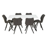 A rectangular dining table with a white marble effect surface is surrounded by six upholstered chairs in a dark gray fabric. The chairs feature a modern design with curved backs and are supported by black wooden legs. The overall arrangement showcases a stylish and contemporary dining set suitable for various home interiors