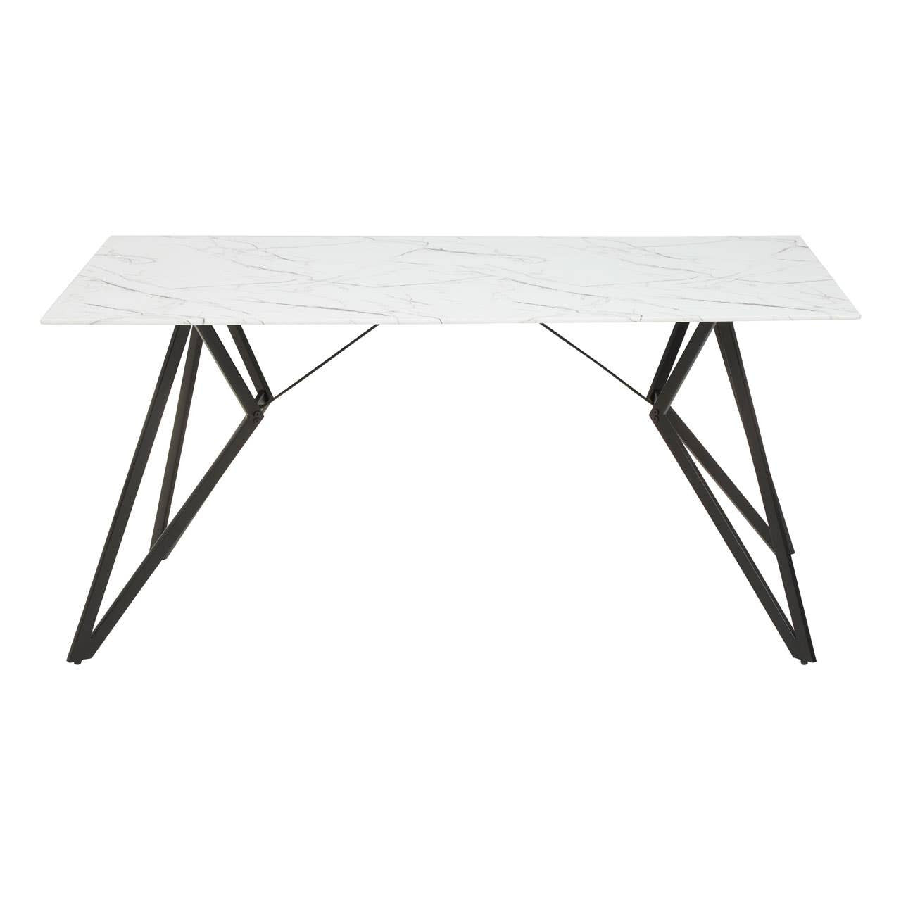 Weston marble effect dining table featuring a sleek white surface supported by modern black metal legs, accompanied by six matching chairs with a contemporary design