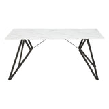 Weston marble effect dining table featuring a sleek white surface supported by modern black metal legs, accompanied by six matching chairs with a contemporary design