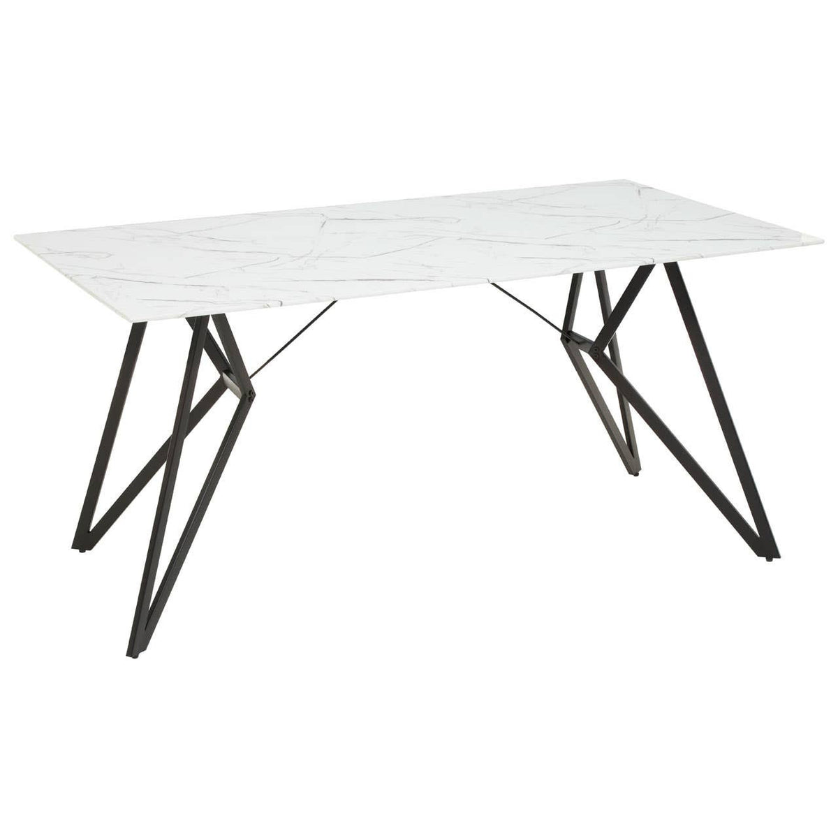 Weston Marble Effect Dining Table featuring a sleek white marble-patterned top supported by stylish black metal legs, accompanied by six matching chairs with a modern design