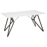 Weston Marble Effect Dining Table featuring a sleek white marble-patterned top supported by stylish black metal legs, accompanied by six matching chairs with a modern design