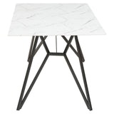 Marble effect dining table with a sleek white surface featuring gray veining, supported by a modern black metal base with geometric legs