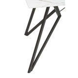Marble effect dining table with a sleek white surface and modern black metal legs featuring a geometric design. The image focuses on the unique angular leg structure, highlighting the contemporary style of the furniture