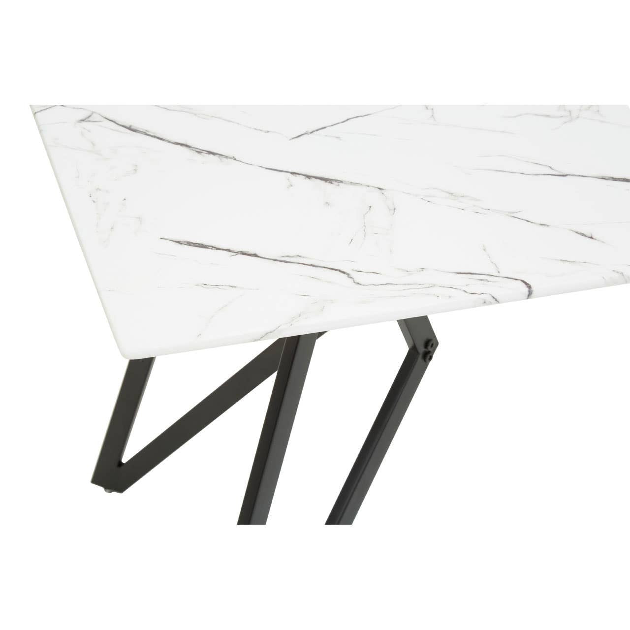 A sleek dining table with a white marble effect top featuring subtle gray veining, supported by a modern black metal base with angular legs. The table is accompanied by six matching chairs with a minimalist design, upholstered in a neutral fabric
