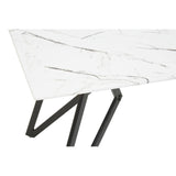 A sleek dining table with a white marble effect top featuring subtle gray veining, supported by a modern black metal base with angular legs. The table is accompanied by six matching chairs with a minimalist design, upholstered in a neutral fabric