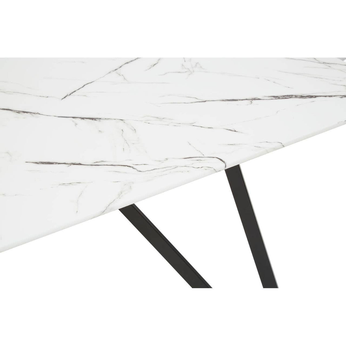 Marble effect dining table with a smooth white surface featuring gray veining, supported by sleek black metal legs. The design is modern and elegant, suitable for a dining area