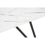 Marble effect dining table with a smooth white surface featuring gray veining, supported by sleek black metal legs. The design is modern and elegant, suitable for a dining area