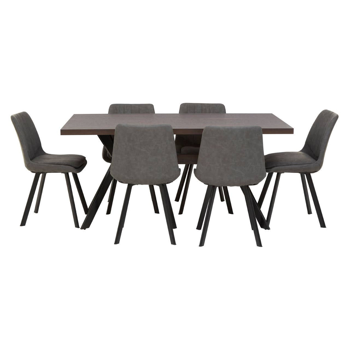 Rectangle dining table with a smooth surface and six matching chairs. The chairs feature a modern design with upholstered seats and angled legs, all in a neutral color palette. The table and chairs are arranged to showcase their sleek lines and contemporary style