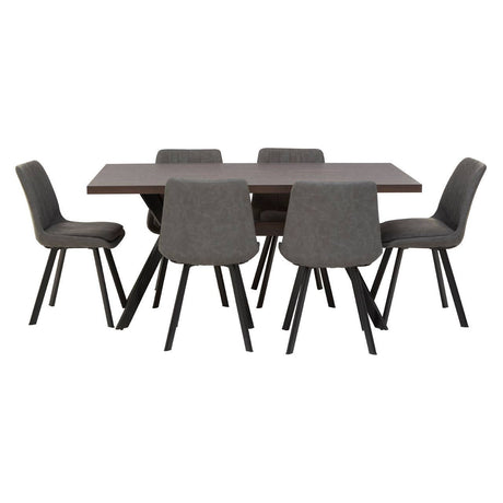 Rectangle dining table with a smooth surface and six matching chairs. The chairs feature a modern design with upholstered seats and angled legs, all in a neutral color palette. The table and chairs are arranged to showcase their sleek lines and contemporary style