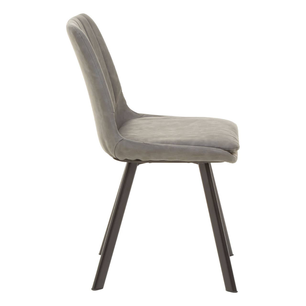 Side view of a modern dining chair with a cushioned seat and backrest in a light gray fabric, supported by four slender wooden legs in a dark finish. The chair features a sleek, minimalist design suitable for contemporary dining spaces